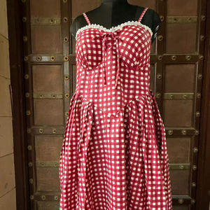 Vintage Elegant Summer Eco-Friendly Washable Lace Red <b>White</b> Gingham Tube Casual Midi Dress for Women - Product Image 1