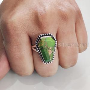 Anillo de mujer Ataúd natural Verde Cobre Turquesa Anillo de piedras preciosas Piedra natal de Diciembre Joyería hecha a mano Anillo de plata esterlina 925 - Product Image 2