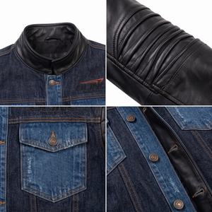 Hunt Gear Men's Casual <b>Denim</b> Jackets & <b>Coats</b> with Leather Sleeves Button Fly Stonewashed Regular Fit Solid Pattern Autumn - Product Image 4