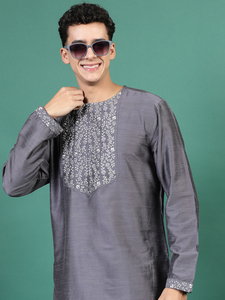 <b>Indian</b> Traditional <b>Men's</b> Grey Color Embroidered <b>Kurta</b> Sets Traditional <b>Indian</b> Clothing Best <b>For</b> Festival and Party Occasions OEM - Product Image 6
