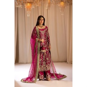 Nặng Thiết Kế Hoàn toàn Thêu Pakistan & Ấn Độ Của Phụ Nữ Dài Áo Sơ Mi loe Quần Với Phong Cách Thanh Lịch <span class=keywords><strong>Net</strong></span> Dupatta Bộ - Product Image 1