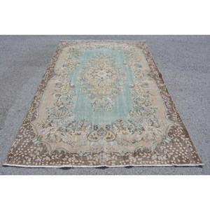 5ft วินเทจ7in x 9ft พรมตุรกี1in สีเขียวและน้ำตาลพรมสานแบนขนแกะพร้อมยางรองสำหรับตกแต่งห้องนั่งเล่น - Product Image 1