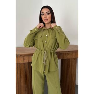 Olive Button Detailed Shirt And Ribbed <b>Trousers</b> Set - Olive - Product Image 2