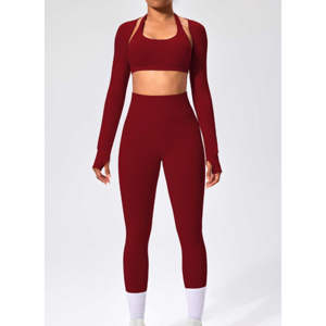 OEM 3 Piece Womens Yoga Sets Wholesale High Quality Activewear <b>Long</b> <b>Sleeve</b> <b>Top</b> Yoga Set for Women - Product Image 6