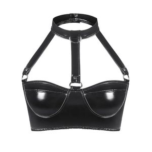 Pink <b>Lingerie</b> Women PU Leather <b>PVC</b> Bra Exotic Button Halter Latex Bralette Tops Novelty Costumes Nightwear Pornos Stage Bra - Product Image 2