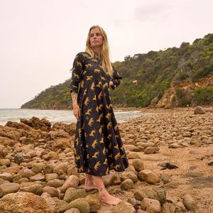 Wild Spirit 100% pur coton Maxi robe pour femmes lâche naturel main sérigraphié audacieux noir or Safari inspiré léger - Product Image 1