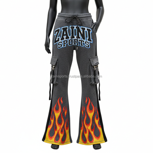 Pantalones de Mujer Premium con Corte Acampanado, Tejido de Punto Suave de 280 GSM, Color Gris con Paneles con Estampado de Llamas y Logotipo Personalizado por Transferencia Térmica - Product Image 1
