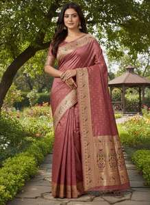 Sari en soie Banarasi vert olive élégant avec bordure traditionnelle en zari - Product Image 2