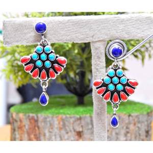 Boucle d'oreille en argent sterling 925 faite à la main Turquoise naturelle Lapis Lazuli 14K Gold Luxury 925 Silver Turquoise Earring - Product Image 5