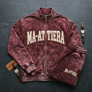 Men's Burgundy Maroon Acid Wash <b>Zip</b> <b>Up</b> Tracksuit Set Embroidered <b>Jacket</b> Jogger Pants Streetwear Sportswear Activewear Casual Out - Product Image 6