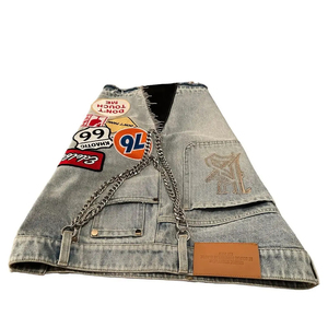 Shorts en jean décontractés vintage pour hommes, taille mi-haute, avec fermeture éclair, logo personnalisé, strass, 100 % coton, vente en gros - Product Image 4