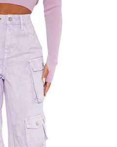 Lavender <b>Wide</b> <b>Leg</b> <b>Cargo</b> Pants Women High Waist Denim Trousers With Multi Pockets Casual Streetwear Manufacturer Supply OEM - Product Image 2