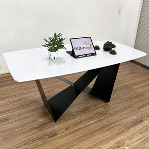 BA68119 <b>Dining</b> <b>Table</b> Set Rectangular 140/160x80cm MDF Wood and Iron Legs with Sintered Stone Top - Product Image 2