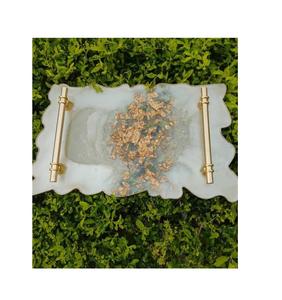 Rectangular Shape Purple Color Epoxy <b>Resin</b> Serving Tray With Metal Handle Food Fruits <b>Table</b> <b>Top</b> Serving Tray Elegant Design - Product Image 2