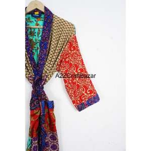 Bata Bohemia de Sari de Seda 100% Hecha a Mano para Mujer, con Parches, Cuello en V, Cordón Ajustable, Manga Larga, Suave, para Otoño y Verano - Product Image 2