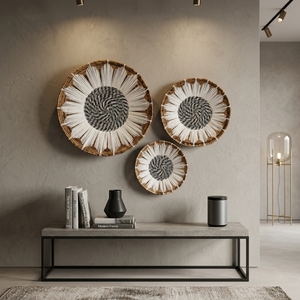 Ensemble de paniers en macramé en plastique recyclé à base de peau de banane naturelle, décoration murale tournesol, plateau rond peu profond, pour une mise en scène artistique pure et une décoration d'intérieur artisanale - Product Image 6