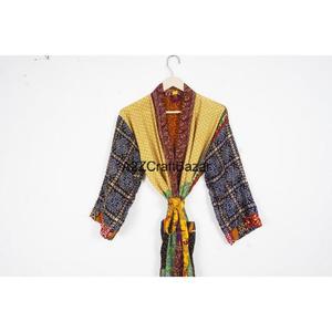 <b>Women's</b> 100% Pure Silk Patchwork Casual Kimono <b>Robe</b> Summer Autumn Breathable Long Full Length Drawstring Closure Indian Sari - Product Image 2
