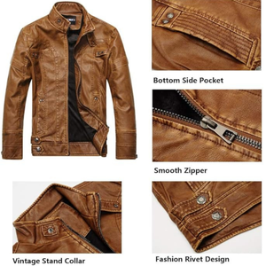 Marron Hiver Casual Unisexe Matelassé À Capuche Coupe-Vent Toile Au Crochet Léger Moto PU Veste - Product Image 4