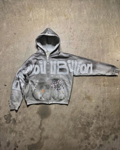 Sudadera con Capucha Personalizada OEM, Hombros Caídos, 420 GSM, Algodón, Bordado Desgastado, Corte Cuadrado, Estilo Vintage, Lavado Desgastado, Cierre de Cremallera, para Hombre, Alta Calidad - Product Image 4