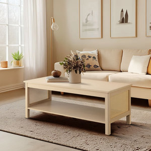 Mesa de centro de ratán estilo Wabi-Sabi de 2 niveles con almacenamiento abierto, muebles de sala de estar de roble Rectangular para entrada al hogar - Product Image 1