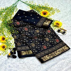 Sarees de Seda de Algodón Suave para Mujer con Diseño de Pluma y Borde de Tejido Zari en Contraste, Saree Indio - Product Image 1