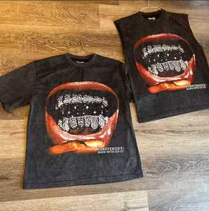 Impresión personalizada Logo Graphics Tee de alta calidad de gran tamaño de peso pesado Vintage ácido lavado sin mangas Camisetas cuello redondo para hombres - Product Image 5