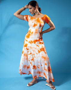 เดรสผ้าเรยอนมัดย้อมสำหรับผู้หญิงเดรสเอวสูงคอกลมยาวครึ่งแขนสำหรับใส่ไปทะเลฤดูร้อน - Product Image 4