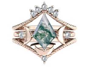 Antique Art Deco Moss Agate 925 <b>Silver</b> Wedding <b>Ring</b> <b>Set</b> Vintage Moon Design Prong Setting Engagement <b>Ring</b> Classic Bridal Jewelry - Product Image 6