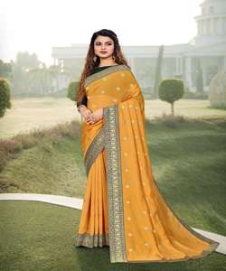 Vêtements de fête Designer Brodé Net Soie Fleur Conception Indienne Dames Porter Orange Couleur Saree Avec Chemisier Pièce Perle Travail Sari ApparelGarment - Product Image 2