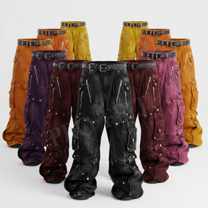 Loose Fit Unisex Burgundy Vintage Washed Denim Cargo Pants Wide Leg Streetwear Utility Zipper Pocket High Quality Denim Pants - Product Image 1