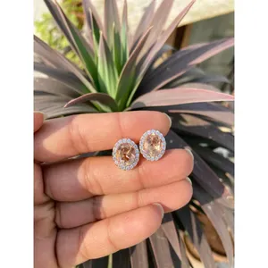 Vintage Trendy 925 Silver Oval Peach Morganite <b>Stud</b> <b>Earrings</b> 14K & 18K Gold Bezel Setting Diamond Zircon Inlay for Engagement - Product Image 1