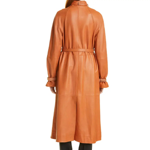 Manteau trench en cuir véritable pour femme, avec doublure en soie épaisse, fermeture éclair longue, col montant, coupe-vent, respirant, décontracté, pour l'hiver - Product Image 2