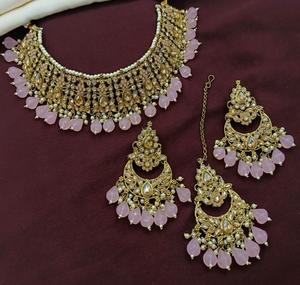 Ensemble collier boucles d'oreilles Kundan en alliage métallique ethnique en alliage de cuivre laiton perle mariages vêtements de mariée fiançailles - Product Image 5