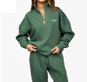 Sweats surdimensionnés d'entraînement à demi-fermeture éclair pour femmes, poids lourd de luxe, 100% coton, ensembles de survêtement de sport d'hiver - Product Image 4