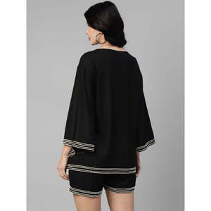 Deebaco Women's <b>Black</b> 2 Piece Co-Ord Set V-Neck 3/4th Sleeves <b>Sequined</b> Trim Loose Fit Casual Blazer With Short Summer Outfits - Product Image 3