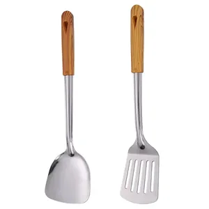 Set Of 2 Kitchen Spatulas Utensils/ Food Serving And Cooking Stainless Steel Spatula With Wooden Handle