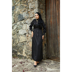 Vestido Jacquard en Línea A en Negro con Cinturón de Satén Desmontable y Mangas, Cintura Natural - Product Image 4