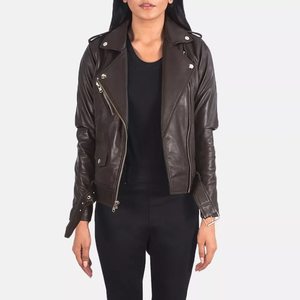 Custom Womens <b>Slim</b> Fit Dark Brown Leather Jacket Asymmetric Zipper <b>Belted</b> Hem Outerwear - Product Image 1
