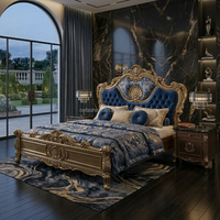 Ensemble de canapés classiques européens sur mesure, structure en bois sculpté, revêtement bleu à motifs, pour villa de luxe, hôtel, salon