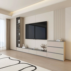Meuble TV en bois massif, ensemble intégré, style moderne et minimaliste, meuble de rangement pour salon, meuble TV sur pied, mur d'arrière-plan TV personnalisé - Product Image 1