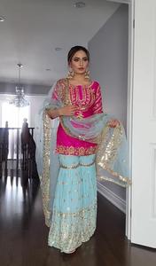 Chic traditionnel rose haut bleu ciel Georgette Palazzo Salwar costume élégant vêtements ethniques pour les fêtes mariages célébrations festives - Product Image 2