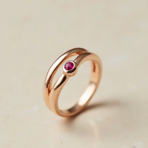 Anillo de piedras preciosas rosa con vástago dividido de oro macizo de 14 quilates, joyería fina minimalista moderna, conjunto de bisel personalizado rubí zafiro - Product Image 1