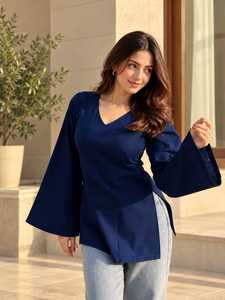 Women’s Solid Navy Blue V Neck Bell Sleeve Tunic <b>Top</b> – Wholesale Casual Fashion Blouse Rayon Casual and Ethnic Wear Short <b>Kurti</b> - Product Image 1