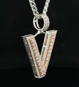 14k two-tone rose and white gold & diamond V <b>Initial</b> Pendant Moissanite Diamond Hip Hop Jewelry Iced Out <b>Necklace</b> Birthday Gift - Product Image 2