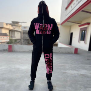 Sweats à capuche entièrement zippés et pantalons de survêtement évasés à plis Ensemble de survêtement deux pièces en coton personnalisé imprimé bouffant pour femmes Survêtement unisexe pour hommes - Product Image 1