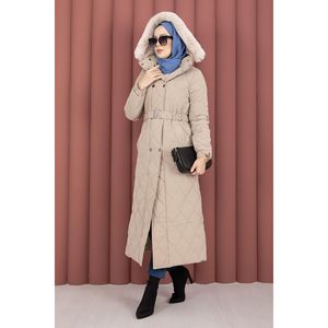 Abrigo de lujo con capucha de piel de visón Nova y cinturón, parka estampada, ropa exterior de lana y seda tejida - Product Image 4