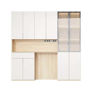 Modern Dining Cabinet With Tall Glass Display Doors Warm LED <b>Shelves</b> <b>Deep</b> Drawers Open Countertop And Custom <b>Wall</b> Storage - Product Image 3