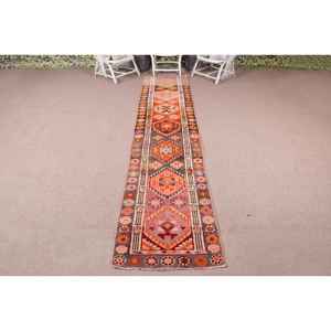 Vintage Rug, 2.5x12 ft <b>Runner</b> Rug, <b>Red</b> Bordered Wool Turkish Rug - Product Image 1