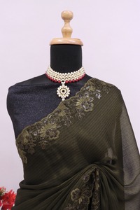 Saree voan đẹp với chuỗi thêu làm việc với đường viền công việc cắt, Saree mặc đám cưới, Saree mặc bên nhà thiết kế. - Product Image 5