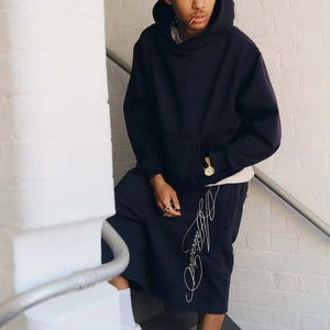 Conjunto de Sudadera con Capucha y Pantalones Cortos Unisex Personalizado, 100% Algodón, Estilo Holgado, Color Sólido, Transpirable, Ecológico, Bordado, Ropa Deportiva Urbana para Otoño - Product Image 1